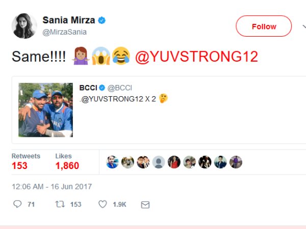 सानिया ने युवी की तस्वीर पर किया ट्वीट