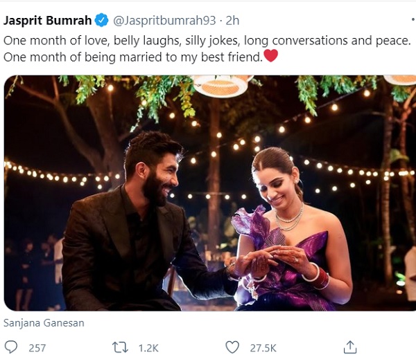 अपनी बेस्ट फ्रेंड के साथ शादी का 1 महीना पूरा हुआ- बुमराह