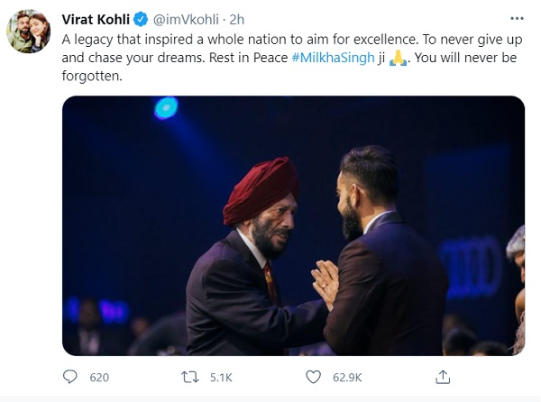 Virat Kohli pays tribute to Milkha Singh says You will never be forgotten