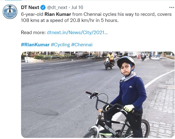 6-year-old boy sets world record by cycling 100-km non-stop in Chennai
