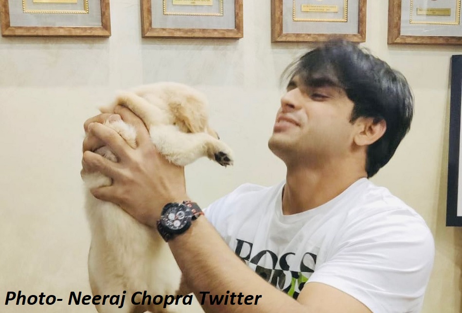 नीरज चोपड़ा ने की अभिनव बिंद्रा से मुलाकात, गिफ्ट में मिला 'टोक्यो' नाम का पिल्ला