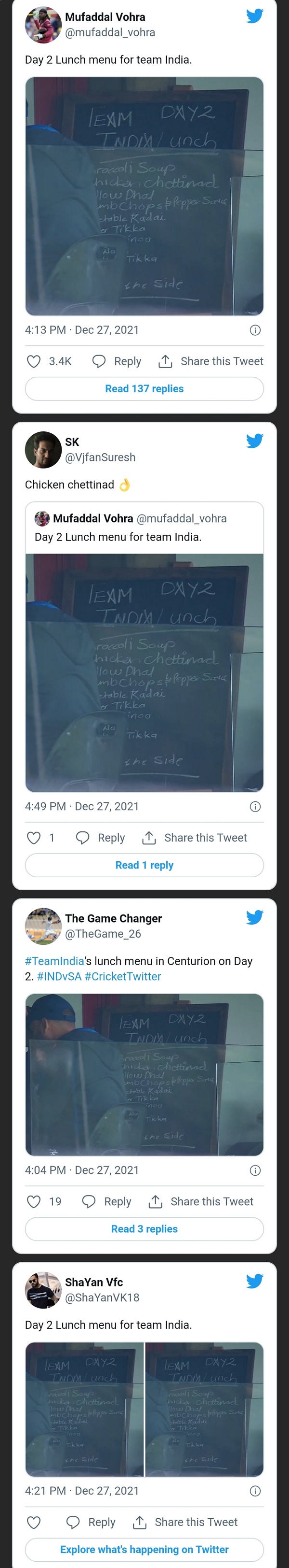 IND vs SA: Team Indias meal menu went viral on day 2, Chicken Chettinad main talking point